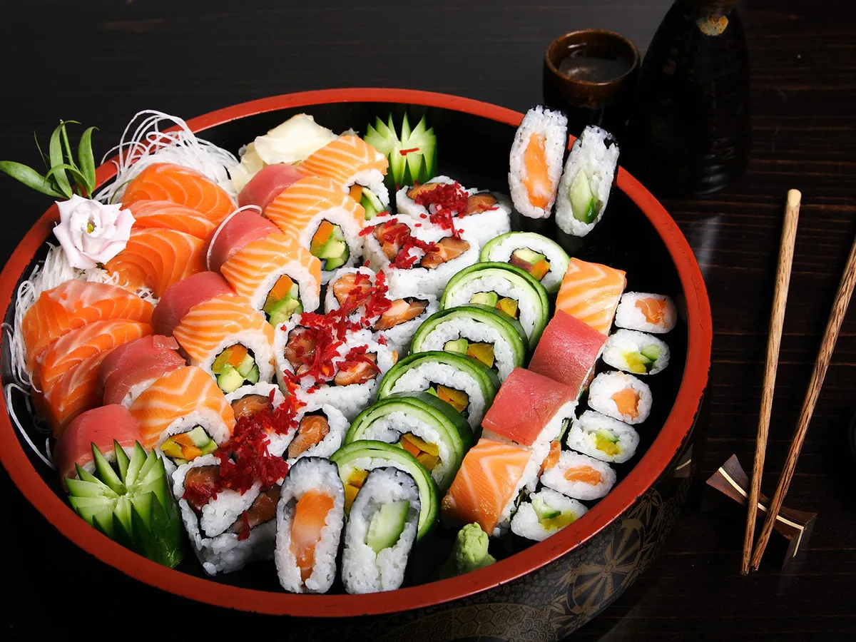 Large assorted sushi platter with fresh sashimi and maki rolls at Hinoki Men, a Japanese Restaurant in Rancho Cucamonga